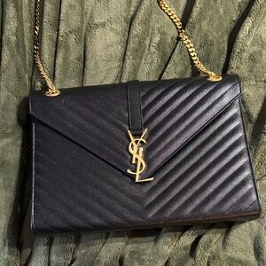 Yves Saint Laurent Black Chevron Shoulder Bag with Gold Chain